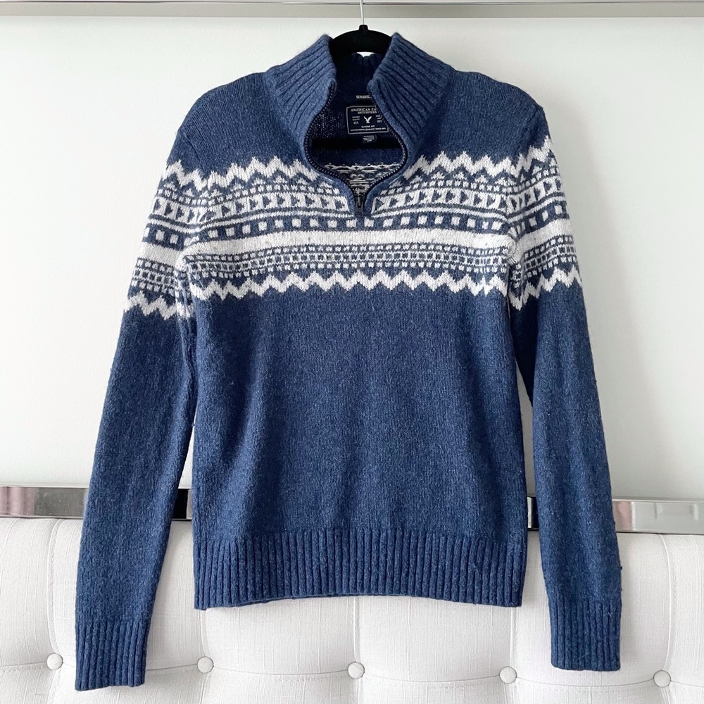 American Eagle Fair Isle Wool Blend Blue White Sweater